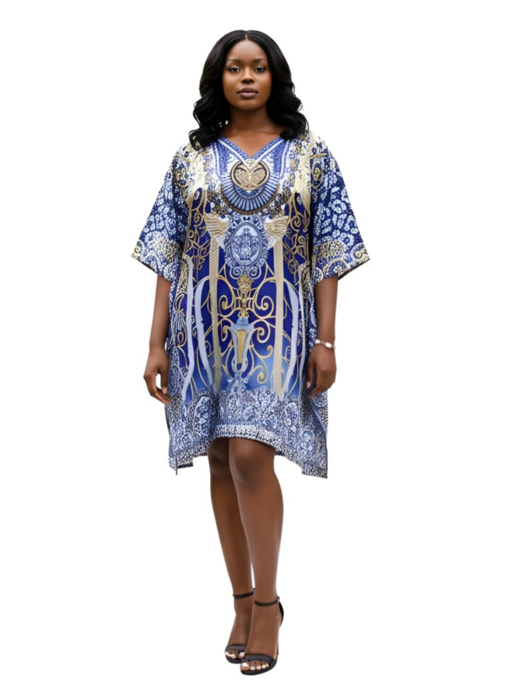 Satin Silk Royal Blue Paisley Print Tunic Dress | Plus Size Resort Wear Tunic